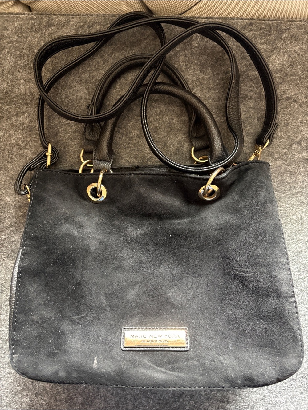 Andrew Marc Black Suede Shoulder Bag with Gold Hardware